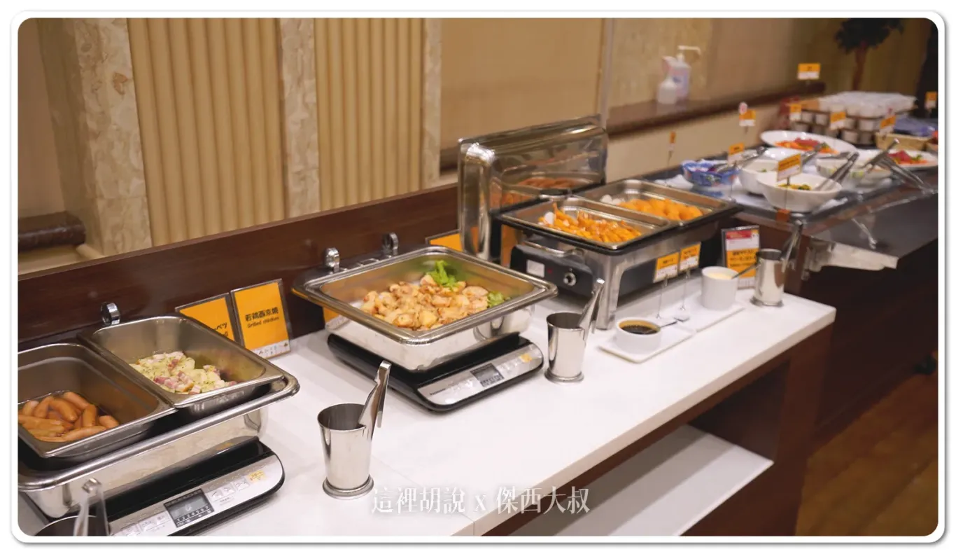 a buffet line of food