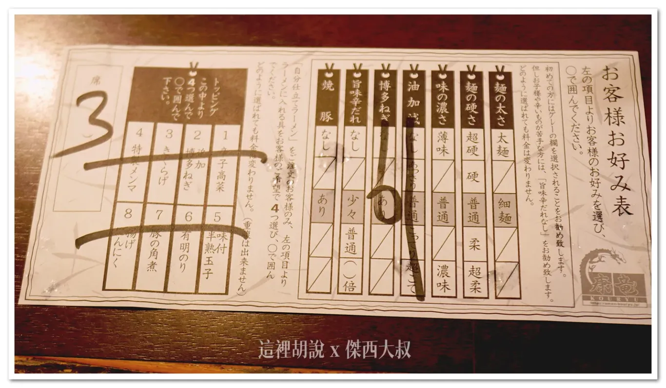 點完餐之後店員就會給上這一張表格,讓你調整需要的客制化程度
(部分菜色就沒有給,客制化表格主要是以拉麵湯麵為主)