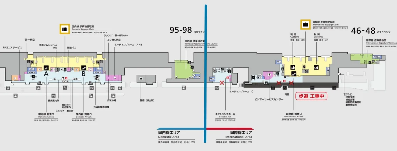 一樓平面圖
因為一樓國內線以及國際線沒有直接相通
領完行李之後,走出海關,如果需要搭乘單軌電車,則需要往右轉前往二樓才能通往單軌電車車站所在的國內航廈