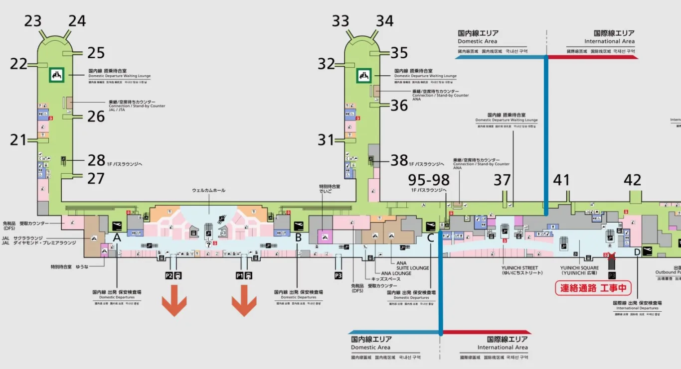 二樓平面圖:大部分的商店都在這一層
而單軌車站車站比需要一路往前經過C安檢區跟B安檢區才能夠抵達
(綠色區域是通過安檢之後的管制區域)