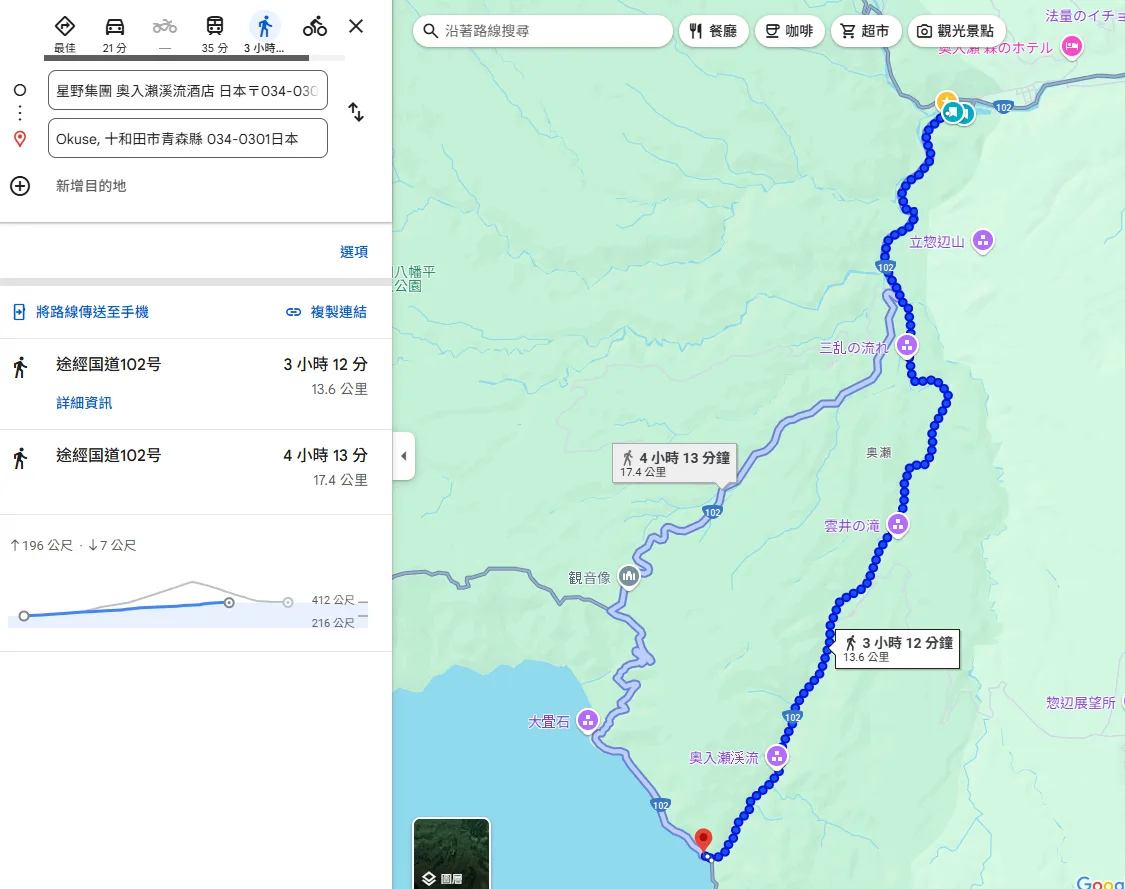 如果想要走路的話,從飯店走到十和田湖的上升高度為196公尺,提供參考。