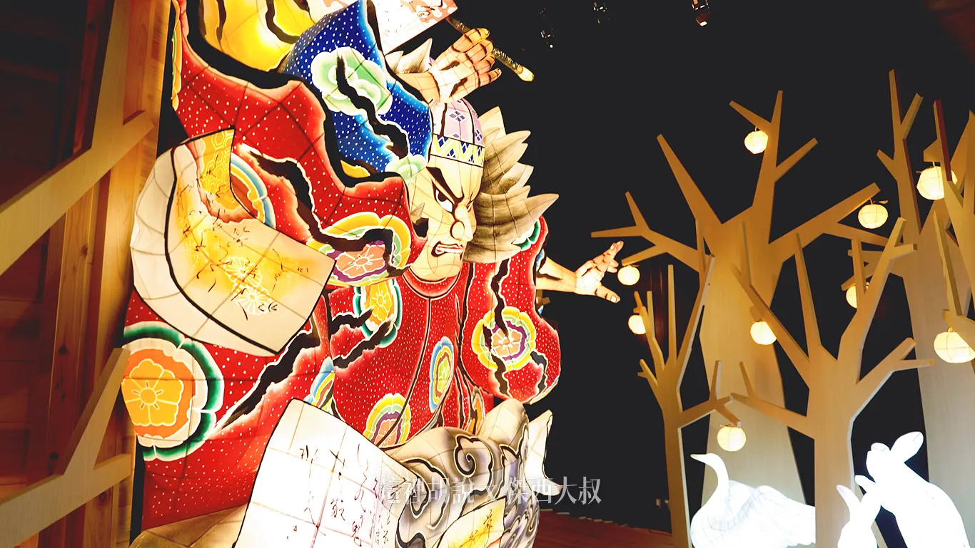 睡魔燈籠師『竹浪比呂央』所製作「紀朝雄」右側一旁則是由手塚茂樹製作,著棲息在大雪青森的天鵝及兔子等動物的白睡魔燈籠