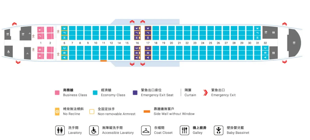 中華航空 737-800 座位圖 （有32排ABC座位）